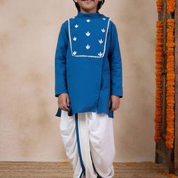 pspeaches Boys Mandarin Collar Floral Yoke Design Regular Thread Work Kurta with Dhoti Pants-12