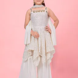 Aarika Girls Embroidered Sequinned Asymmetric Kurti With Sharara & Dupatta-image-18