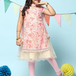 Biba Girls Embroidered Layered Mirror Work Kurta With Leggings & Dupatta-picture-2
