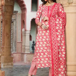 GULMOHAR JAIPUR Floral Printed Regular Pure Cotton Kurta with Trousers & With Dupatta-42