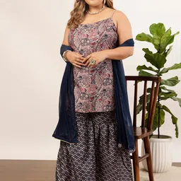 indo street Plus Size Ethnic Motifs Printed Sequined Kurti with Sharara & Dupatta-25