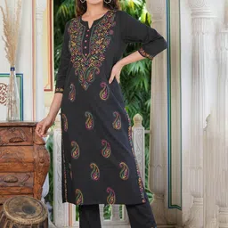 KALINI Women Floral Embroidered Regular Thread Work Pure Cotton Kurta with Trousers-24