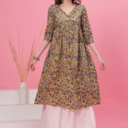 Vilgi Women Floral Printed Regular Pure Cotton Kurta with Trousers-picture-30