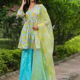 PINKVILLE JAIPUR Floral Printed Gotta Patti Pure Cotton Kurta with Sharara & Dupatta-picture-23