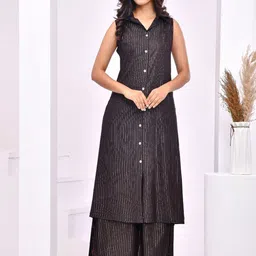 Aspriya Striped Shirt Collar Sleeveless Kurta with Palazzos-picture-31