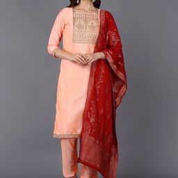 AHIKA Women Peach-Coloured Yoke Embroidered Kurta With Trousers & Dupatta-image-28