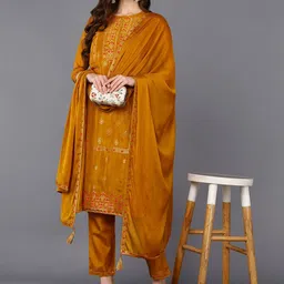 AHIKA Mustard Yellow Ethnic Motifs Regular Kurta With Trousers & Dupatta-38