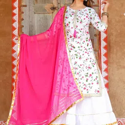 ELVISH JAIPUR Floral Printed Round Neck Gotta Patti Pure Cotton Kurta with Skirt & Dupatta-picture-30
