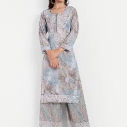 Indiankala4u Floral Embroidered Regular Chikankari Kurta With Palazzos-picture-56