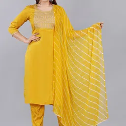 SIDDHANAM Round Neck Floral Yoke Design Regular Kurta with Trousers & With Dupatta-image-72