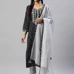 Divena Women Black Embroidered Cotton Kurti with Trousers & With Dupatta-image-33