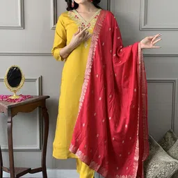 SHOPONBIT Embroidered Yoke Design V-Neck Chanderi Cotton Kurta With Trousers & Dupatta-picture-21