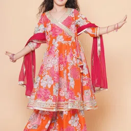 Bitiya by Bhama Girls Floral Printed Angrakha Anarkali Kurta & Sharara With Dupatta-image-21