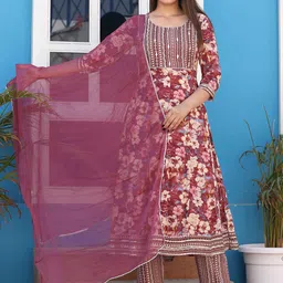 SINGNI Round Neck Ethnic Sequined Anarkali Kurta with Trouser & Dupatta-26