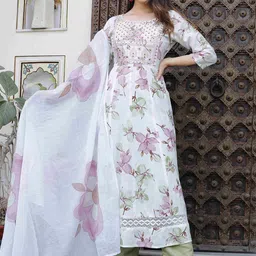 SINGNI Round Neck Floral Printed Regular Thread Work Kurta Set-22