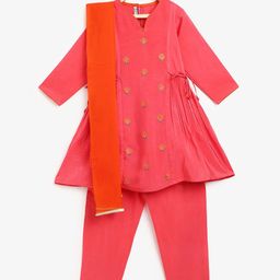 Campana Girls Ethnic Motifs Embroidered V-Neck Kurta with Trousers & With Dupatta-image-89