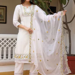 Anouk Floral Yoke Design Sequinned Pure Cotton Straight Kurta With Trousers & Dupatta-56