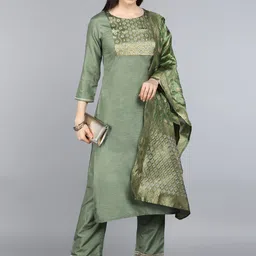 KALINI Ethnic Motifs Yoke Design Straight Kurta & Trousers With Dupatta-image-73