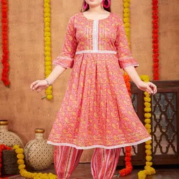 Aarika Girls Paisley Printed Gotta Patti Detailed Pure Cotton A-Line Kurta With Salwar-picture-31