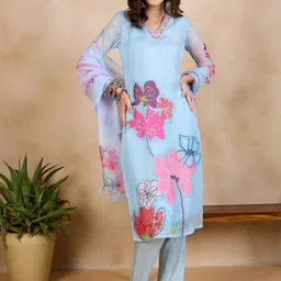 Anouk Floral Printed Regular Beads and Stones Organza Kurta With Trousers & Dupatta-20