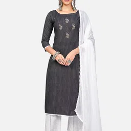 Vbuyz Women Black Striped Beads and Stones Kurta with Trousers & With Dupatta-picture-2