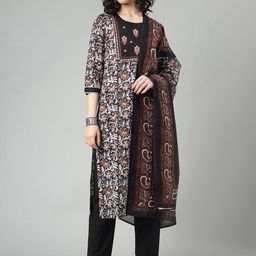 SAABHI Ethnic Motifs Printed Thread Work Pure Cotton Kurta With Trousers & Dupatta-8