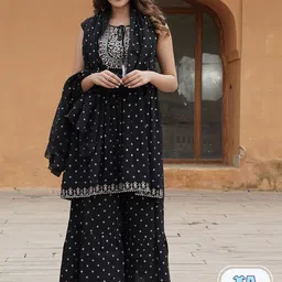 KALINI Ethnic Motifs Printed Tie-Up Neck Thread Work A-Line Kurta with Sharara &  Dupatta-32