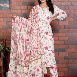 YASH GALLERY Floral Printed Pure Cotton Straight Kurta With Trousers & Dupatta-23