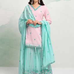 Vishudh Floral Embroidered Mirror Work Pure Cotton Kurta With Sharara & Dupatta-34