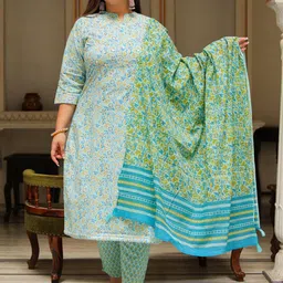 YASH GALLERY Plus Size Floral Printed Pure Cotton Kurta with Trousers & Dupatta-picture-15