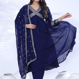Pionex Ethnic Motifs Embroidered Georgette V-Neck Empire Kurta With Trousers & Dupatta-image-94