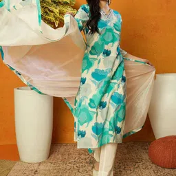 KALINI Women Floral Printed Regular Thread Work Kurta with Trousers & With Dupatta-16