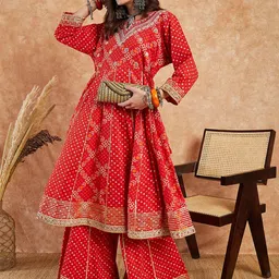 Sangria Red Ethnic Motifs Printed Pure Cotton A-line Thread Work Kurta Set-9