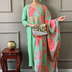 SHOPONBIT Floral Yoke Design Chanderi Cotton Straight Kurta With Trousers & Dupatta-image-24