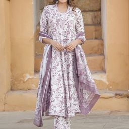 KALINI V-Neck Floral Printed Regular Thread Work Pure Cotton Kurta Set-picture-0