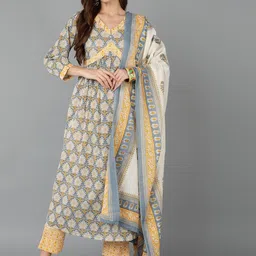 AHIKA Empire Floral Printed A-Line Pure Cotton Kurta with Trousers & Dupatta-image-82