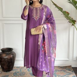 Siya Fashion Thread Work Round Neck Straight Kurta With Trousers And Dupatta-image-3