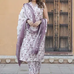 KALINI Floral Printed V-Neck Thread Work Pure Cotton Kurta with Trousers & Dupatta-picture-32