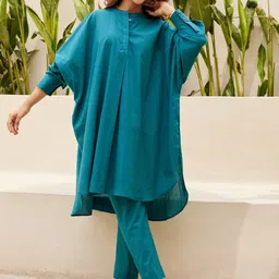 Ambraee Mandarin Collar Pure Cotton Straight Kurta With Trousers-image-96