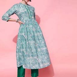 indo street Paisley Printed Band Collar Anarkali Kurta With Trousers-image-68
