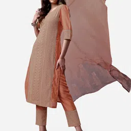 HERE&NOW Lucknowi Chikankari Schiffli Chanderi Silk Kurta Trousers with Organza Dupatta-picture-13