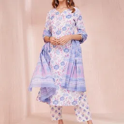 Yufta Women Floral Printed Regular Pure Cotton Kurta with Trousers & With Dupatta-18