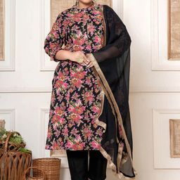 Yufta Plus Size Black Floral Printed Pure Cotton Straight Kurta With Trousers & Dupatta-image-20