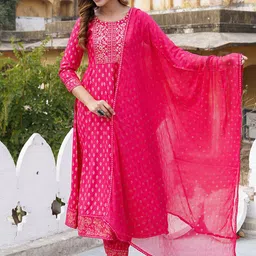 KALINI Ethnic Motifs Printed Regular Thread Work Kurta with Trousers & With Dupatta-11