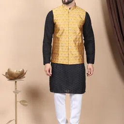 Anouk Black Floral Embroidered Thread Work Pure Cotton Kurta with Churidar & Nehru Jacket-picture-56