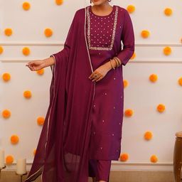Siya Fashion Women Ethnic Motifs Embroidered Work Kurta with Trousers & With Dupatta-image-66