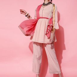 indo street Self Design Pure Cotton Empire Kurta With Palazzos & Dupatta-image-22