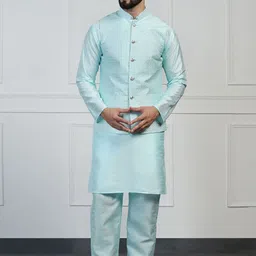 TAHVO Mandarin Collar Dupion Silk Embroidered Kurta Sets-image-77