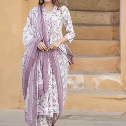 KALINI Floral Printed V-Neck Thread Work Anarkali Cotton Kurta with Trousers & Dupatta-picture-50