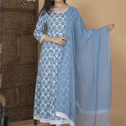 SINGNI Floral Printed Anarkali Pure Cotton Kurta with Trousers & Dupatta-picture-30